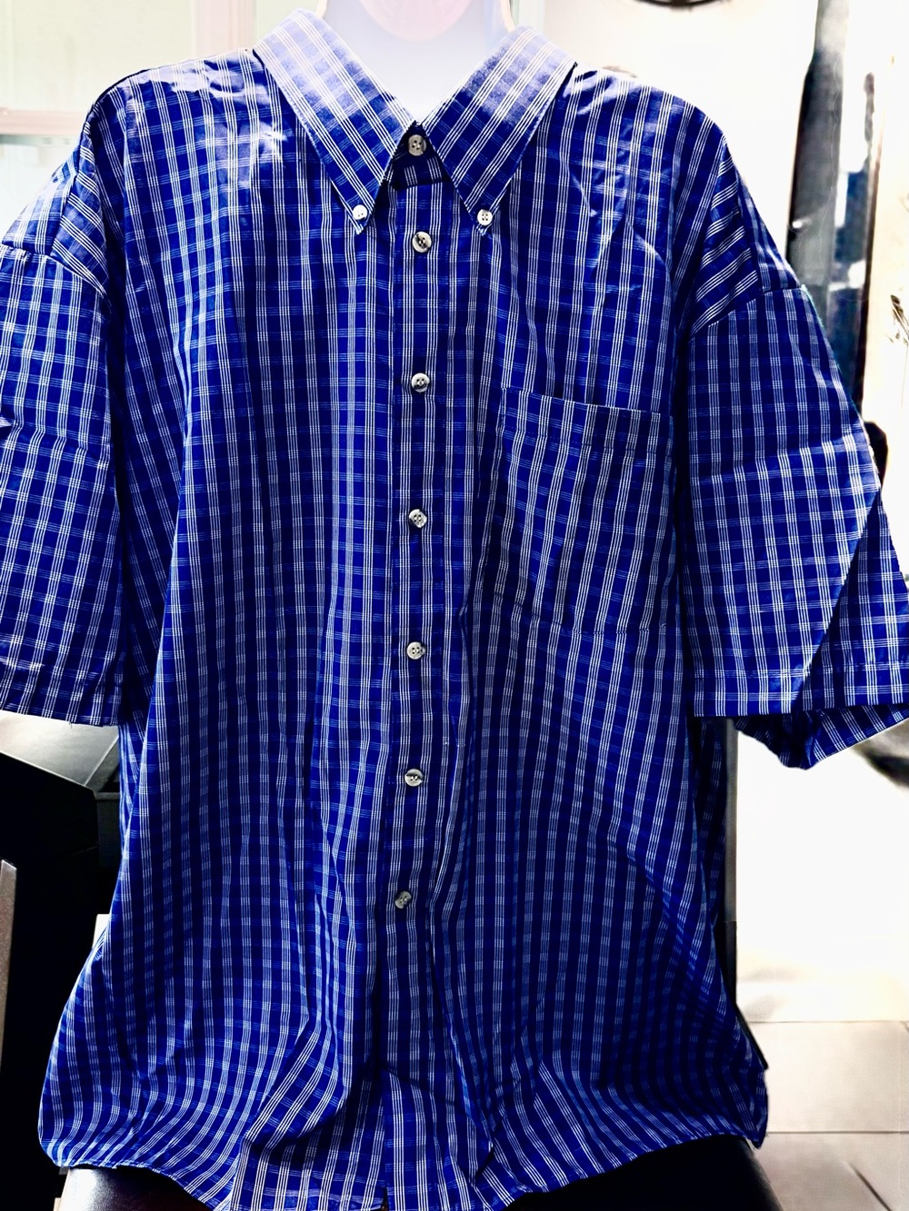 Men's Blue Checked Short-Sleeve Button-Down Shirt